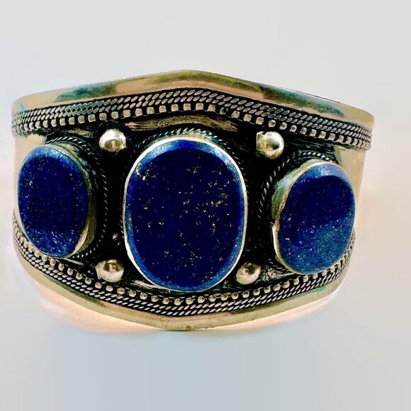 Lapis Bracelet, Kuchi Jewelry, Middle Eastern, Silver Cuff,  Vintage, Boho - Picture 2 of 5